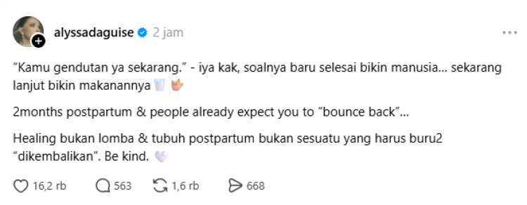 Alyssa Daguise Berat Badan Alyssa Daguise curhat disebut gendut setelah melahirkan. Foto: Dok. tangkapan layar Threads