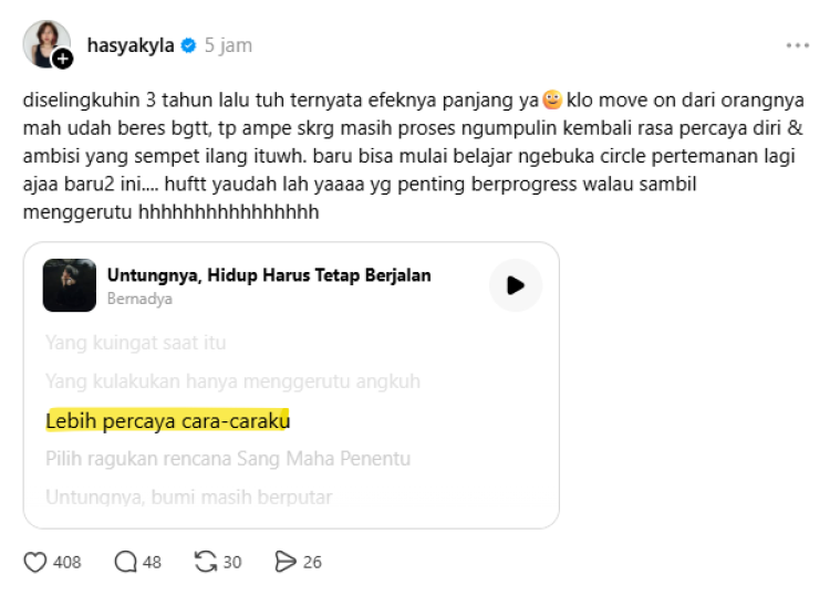 Hasyakyla Utami Diselingkuhi Hasyakyla Utami curhat tentang trauma akibat diselingkuhi. Foto: Dok. tangkapan layar Threads