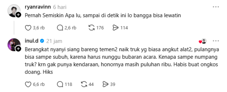 Inul Dararista mengenang awal karirnya saat berangkat manggung menumpang truk. Foto: Dok. tangkapan layar Threads