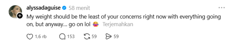 Alyssa Daguise menanggapi komentar tentang bentuk tubuhnya. Foto: Dok. tangkapan layar Threads