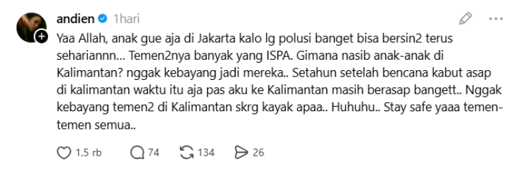 Andien Andien mengkhawatirkan anak-anak di Kalimantan. Foto: Dok. tangkapan layar Threads