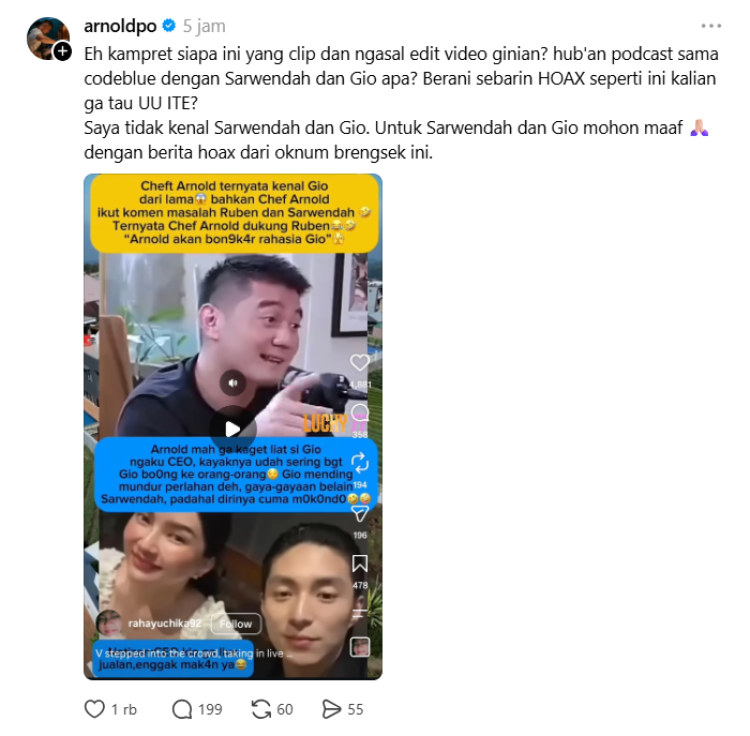 Chef Arnold menanggapi berita hoaks tentangnya yang menyeret nama Giorgio Antonio. Foto: Dok. tangkapan layar Threads