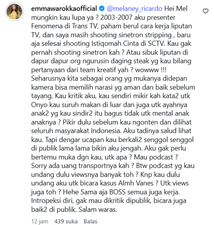 Emma Warokka Komentar Melaney Ricardo Balasan Emma Warokka untuk komentar Melaney Ricardo. Foto: Dok. tangkapan layar Instagram