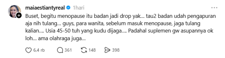 Maia Estianty Menopause Maia Estianty curhat mengalami pengapuran tulang setelah menopause. Foto: Dok. Tangkapan Layar Threads