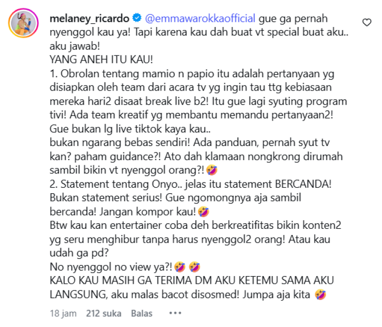 Melaney Ricardo Komentar Onyo Melaney Ricardo menanggapi unggahan Emma Warokka. Foto: Dok. tangkapan layar Instagram