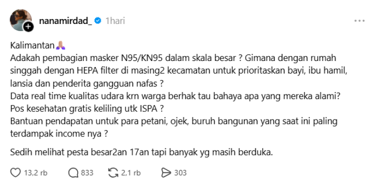 Nana Mirdad Nana Mirdad bersuara mengenai karhutla Kalimantan. Foto: Dok. tangkapan layar Threads