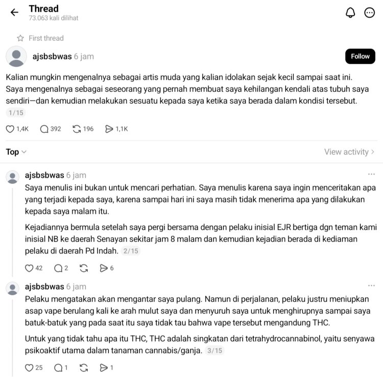 Pelecehan Seksual Artis EJR Penggunan Threads mengaku mengalami pelecehan seksual oleh artis EJR. Foto: Dok. tangkapan layar