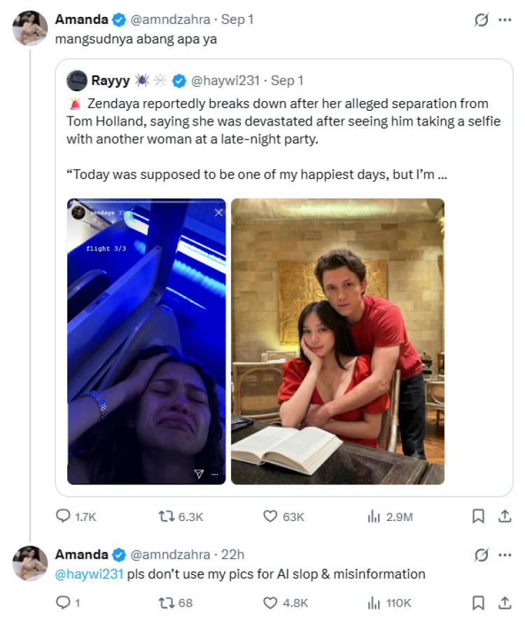 Amanda Zahra merespons unggahan yang menyebutnya selingkuh dengan Tom Holland. Foto: tangkapan layar X