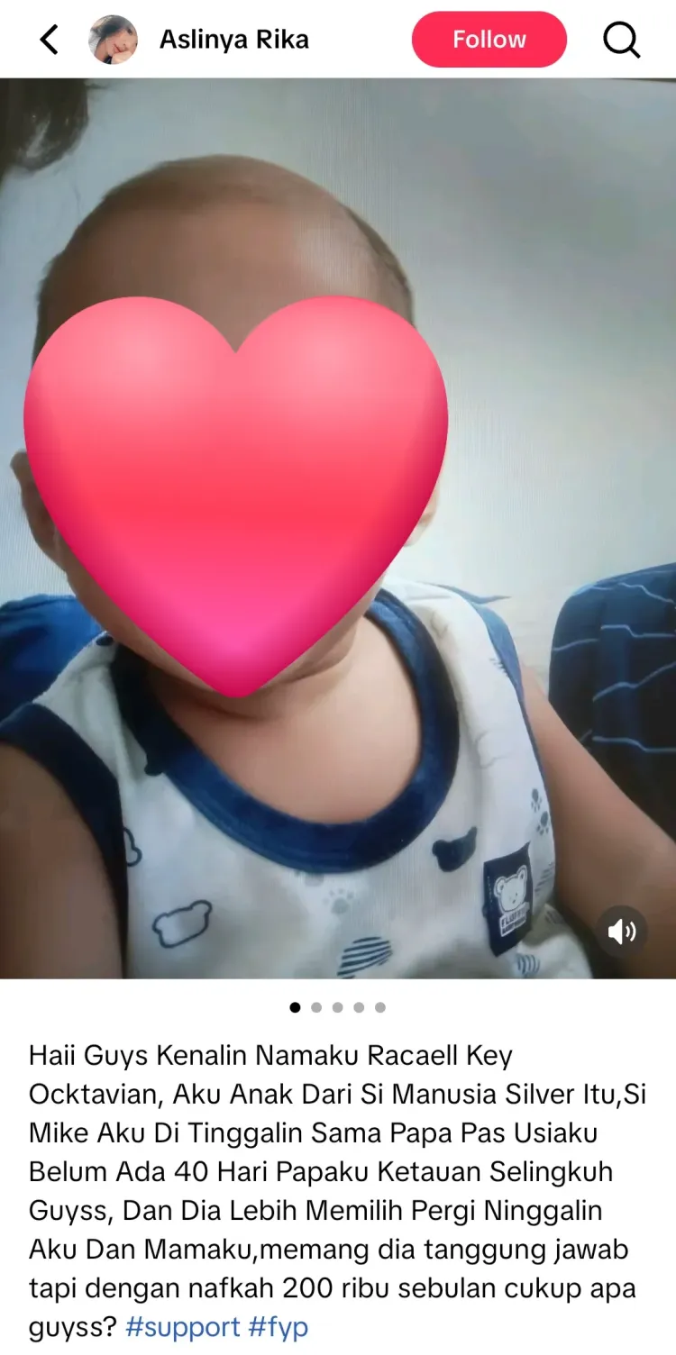 Anak Mike Manusia Silver Unggahan yang mengungkap Mike menelantarkan anak dan istrinya. Foto: Dok. Tangkapan layar TikTok