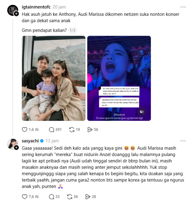 Sasyachi membela Audi Marissa yang dihujat karena hak asuh anak. Foto: Dok. tangkapan layar Threads