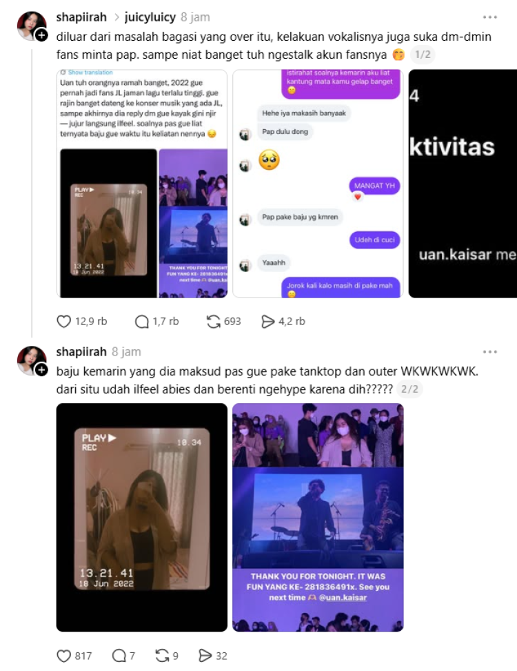 Chat Genit Uan Kaisar ke Fans (2) Chat Uan Kaisar kepada salah seorang fans. Foto: Dok. tangkapan layar Threads