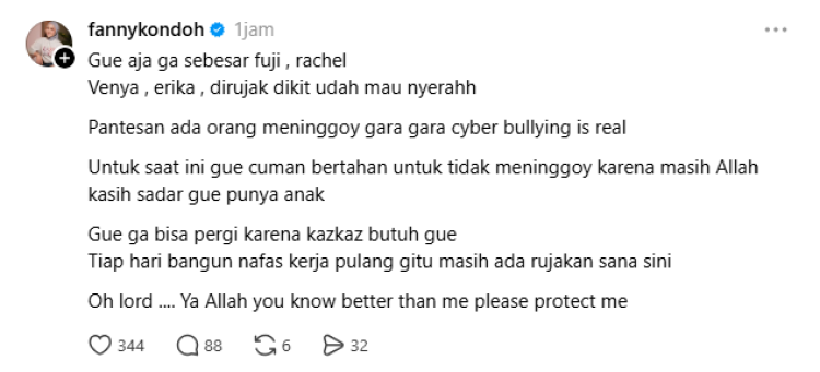 Curhat Fanny Kondoh alami cyberbullying. Foto: Dok. tangkapan layar Threads