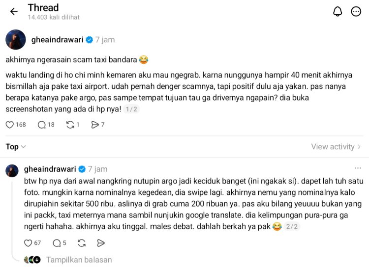 Ghea Indrawari Scam Taksi Cerita Ghea Indrawari kena scam taksi bandara di Vietnam. Foto: Dok. tangkapan layar Threads