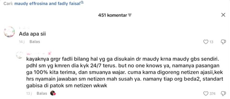 Maudy Effrosina Run Fadly Faisal Maudy Effrosina menyukai komentar netizen. Foto: Dok. tangkapan layar TikTok