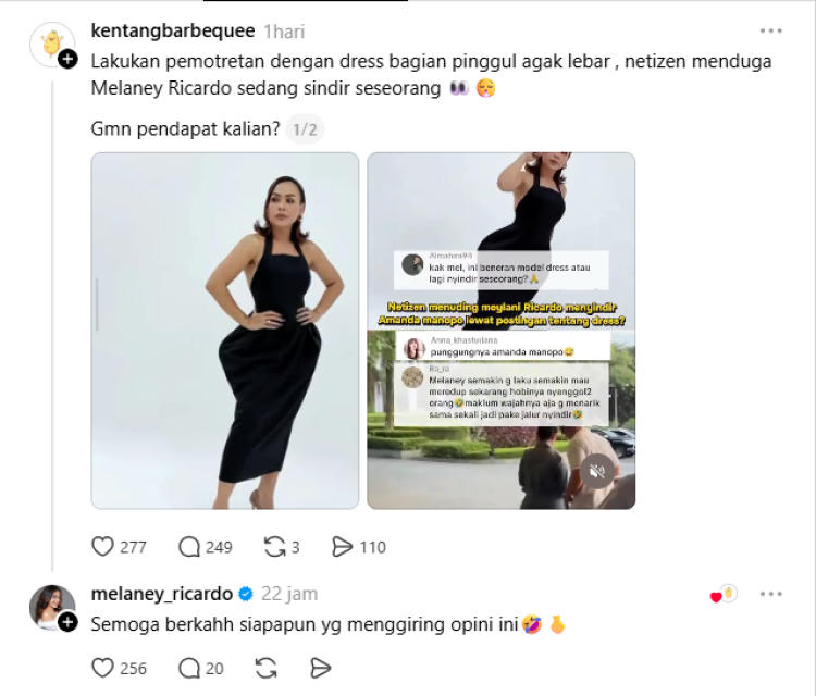 Melaney Ricardo menanggapi tuduhan dirinya menyindir Amanda Manopo. Foto: Dok. tangkapan layar Threads