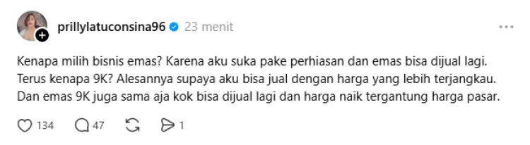 Alasan Prilly Latuconsina mendirikan bisnis perhiasan emas. Foto: tangkapan layar Threads