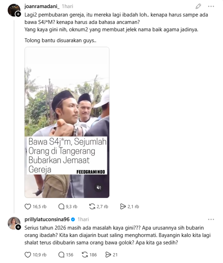 Prilly Latuconsina Pembubaran Gereja Komentar Prilly Latuconsina soal pembubaran ibadah jemaat GKPI di Tangerang. Foto: Dok. tangkapan layar Threads