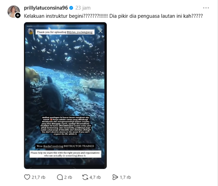 Prilly Latuconsina mengecam aksi perburuan penyu oleh WNA China. Foto: Dok. tangkapan layar Threads