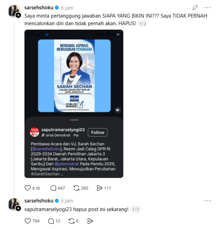 Sarah Sechan Nyaleg Sarah Sechan diisukan nyaleg DPR RI. Foto: Dok. tangkapan layar Threads