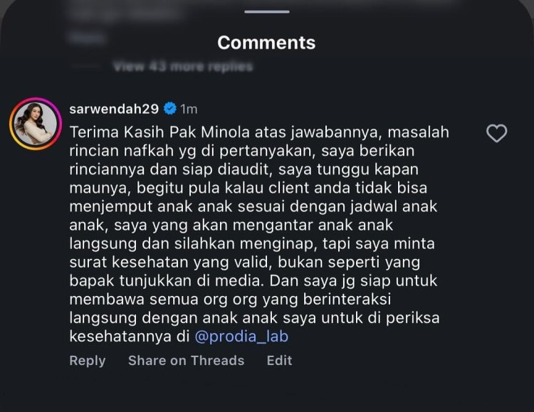 Balasan Sarwendah untuk Minola Sebayang (Foto: Instagram/sarwendah29)