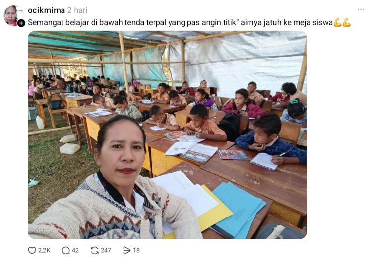 Sekolah Tenda Gempa Flores (3) Unggahan Ocik Mirna yang viral. Foto: Dok. tangkapan layar Threads