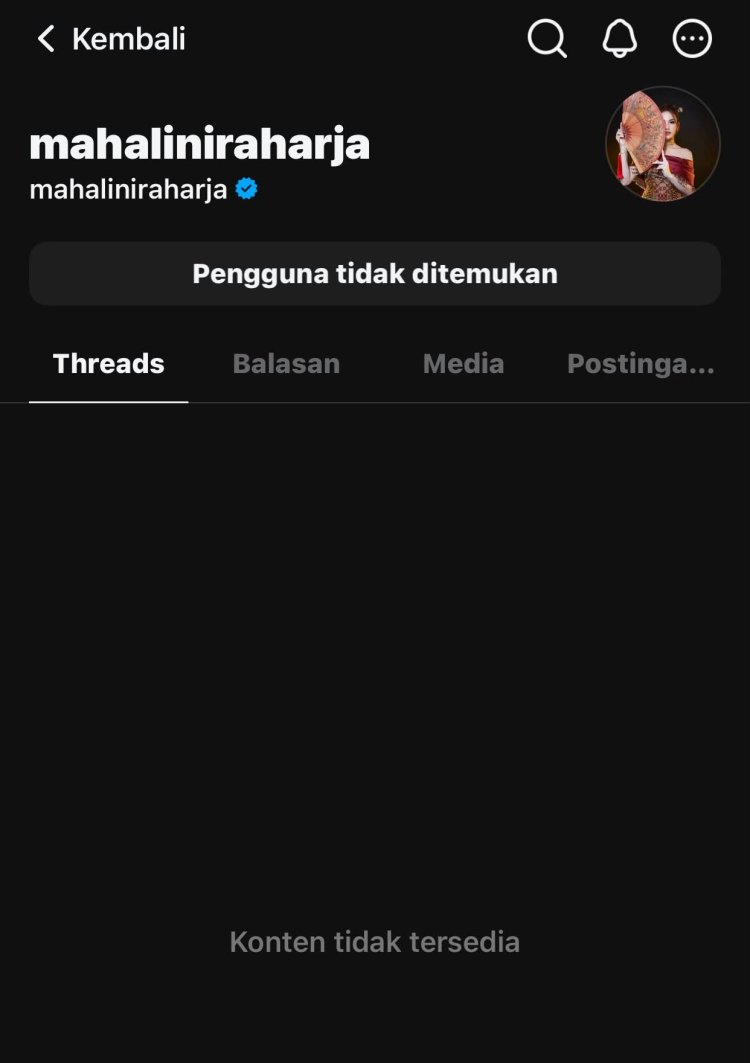 Threads Mahalini Akun Threads Mahalini menghilang. Foto: Dok. Threads @inara_2707
