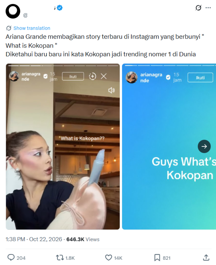 Ariana Grande Kokopan Instagram Story Ariana Grande soal kokopan. Foto: Dok. Tangkapan Layar X