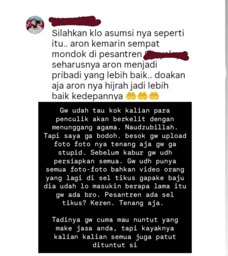 Aron Ashab menanggapi komentar soal pondok pesantren. Foto: Dok. Instagram @aronashab