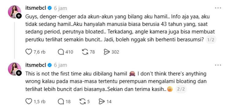 BCL membantah isu dirinya hamil. Foto: Dok. tangkapan layar Threads