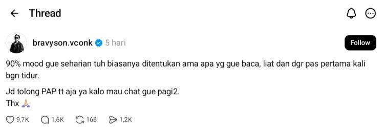 Postingan Threads Bravy. Foto: Dok. tangkapan layar Threads