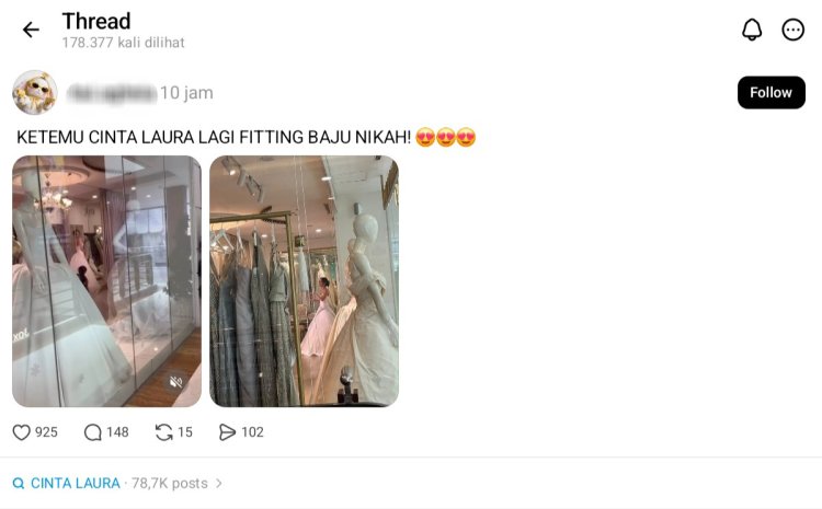 Cinta Laura fitting gaun pengantin. Foto: Dok. tangkapan layar Threads