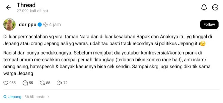 Dorippu WNI Rusa Nara Park Jepang Komentar kreator konten Dorippu. Foto: Dok. tangkapan layar Threads