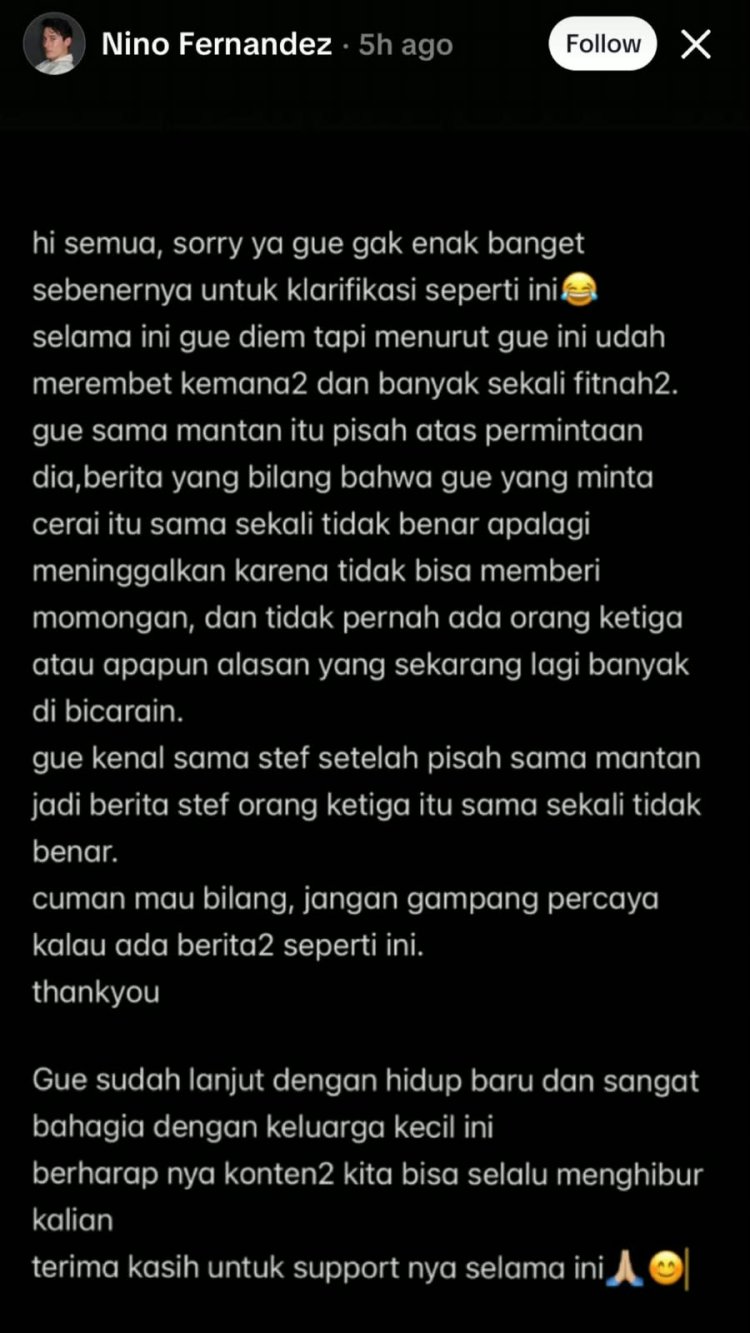 Klarifikasi Nino Fernandez soal isu perceraian dengan Hannah Al Rashid. Foto: Dok. tangkapan layar TikTok