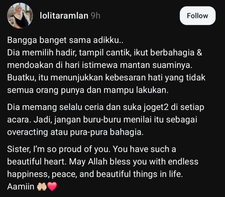 Ungkapan bangga Lolita Ramlan untuk adiknya (Foto: Threads/lolitaramlan)
