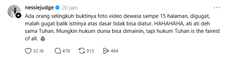 Nessie Judge Adik Diselingkuhi Nessie Judge buka suara soal adiknya digugat balik eks suami. Foto: Dok. tangkapan layar Threads