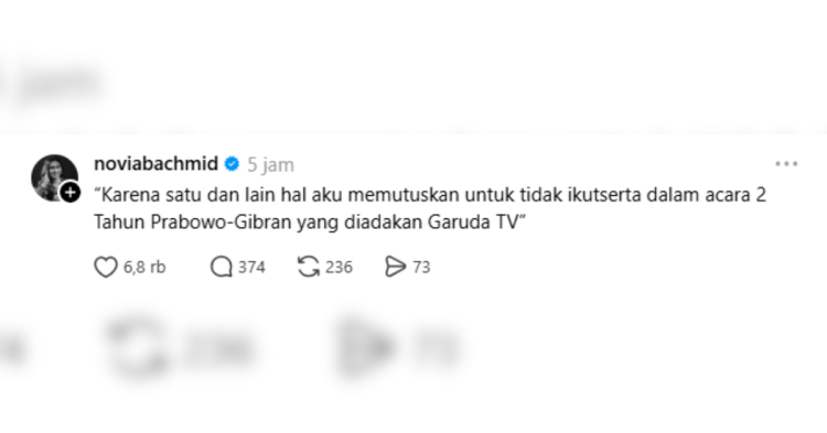 Novia Bachmid Acara Prabowo Gibran Alasan Novia mundur dari acara Prabowo-Gibran. Foto: Dok. tangkapan layar Threads