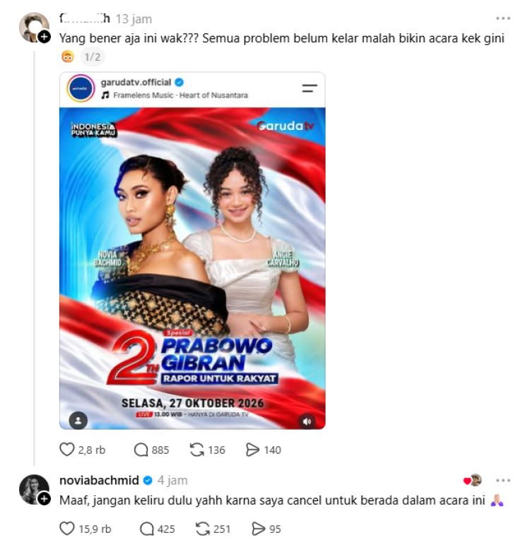 Novia Bachmid Acara Prabowo Gibran Novia Bachmid batal tampil di acara Prabowo-Gibran. Foto: Dok. tangkapan layar Threads