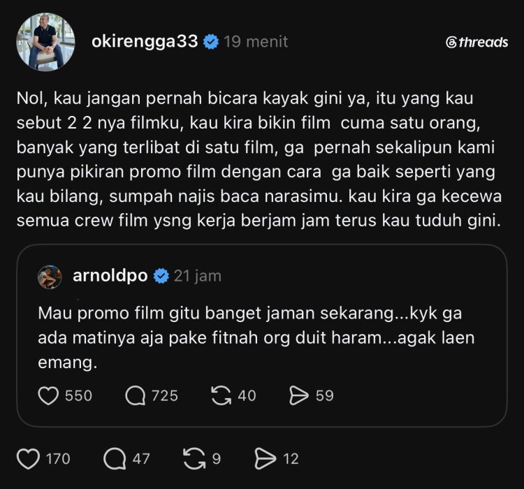 Perseteruan Oki Rengga dan Chef Arnold (Foto: Dok. Threads)