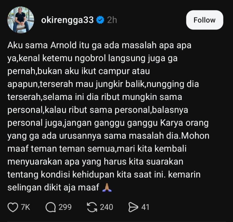 Oki rengga chef arnold 2 Oki minta maaf atas kegaduhan yang dibuat (Foto: Dok. Threads)