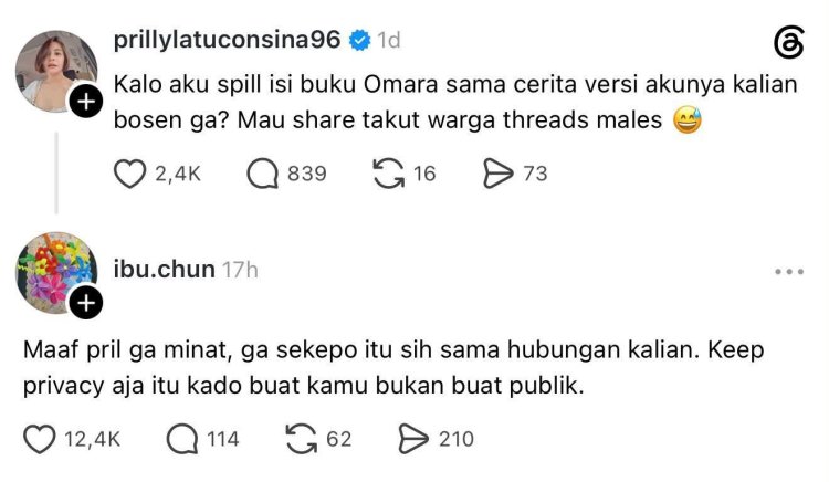 Unggahan Prilly tentang buku karya Omara. Foto: Dok. Threads
