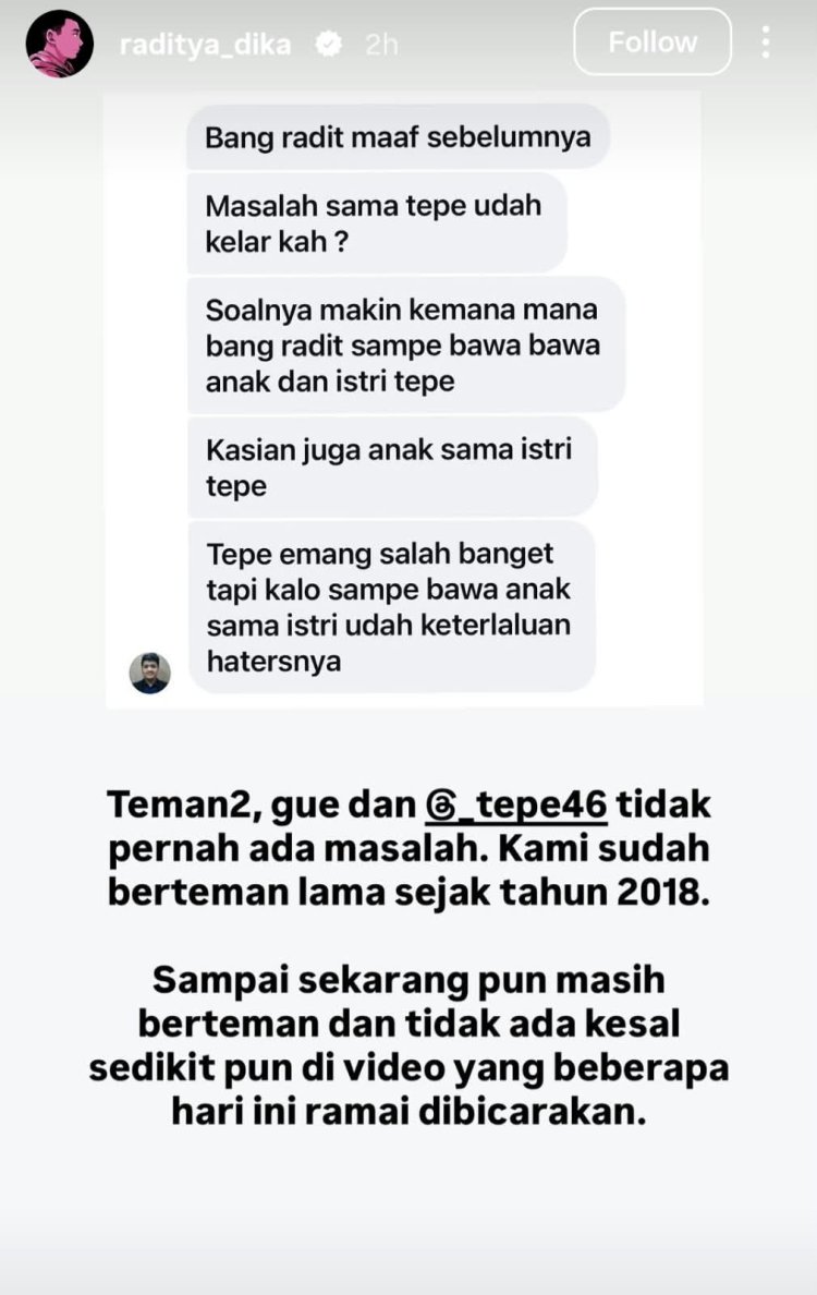 Penjelasan Raditya Dika soal podcast dengan Tepe. Foto: Dok. Instagram @raditya_dika