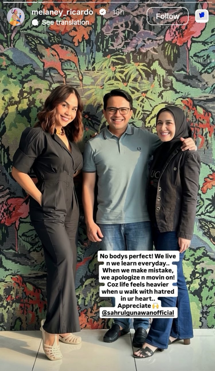 Melaney Ricardo bersama Sahrul Gunawan dan istrinya, Dine Mutiara Aziz (Foto: Instagram/melaney_ricardo)
