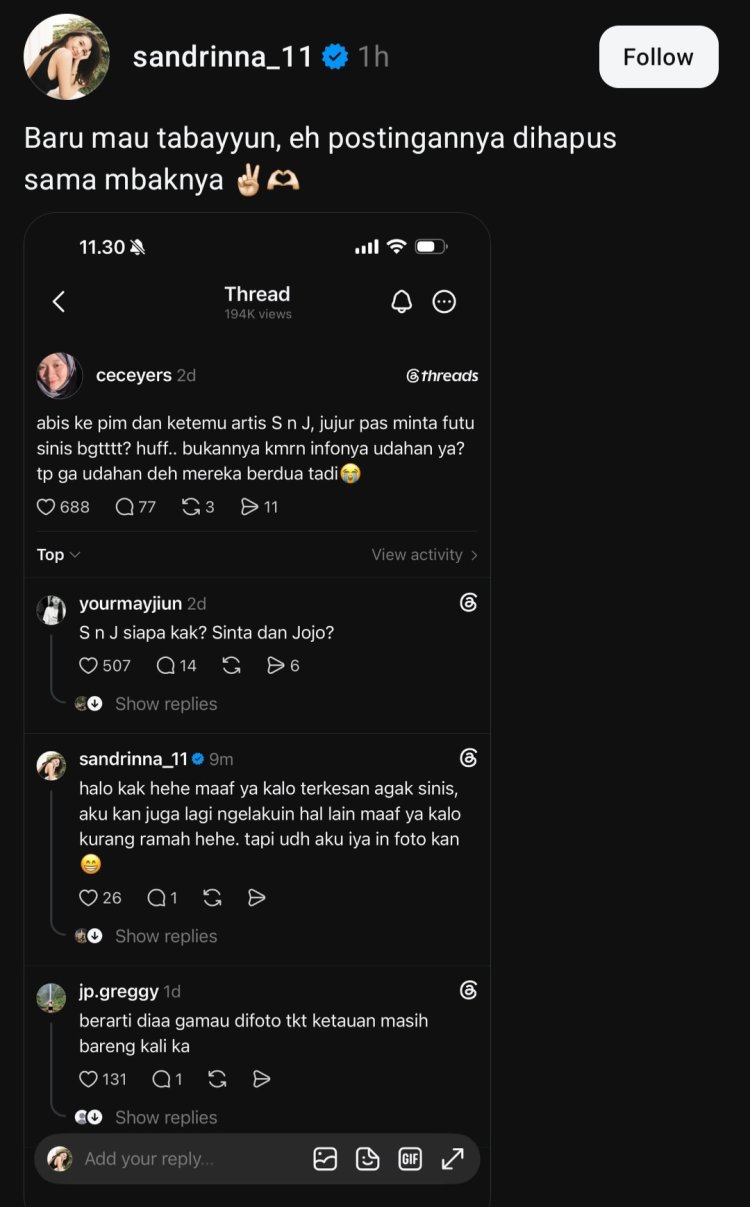Sandrinna Michelle tegur netizen yang minta foto (Foto: Threads/sandrinna_11)