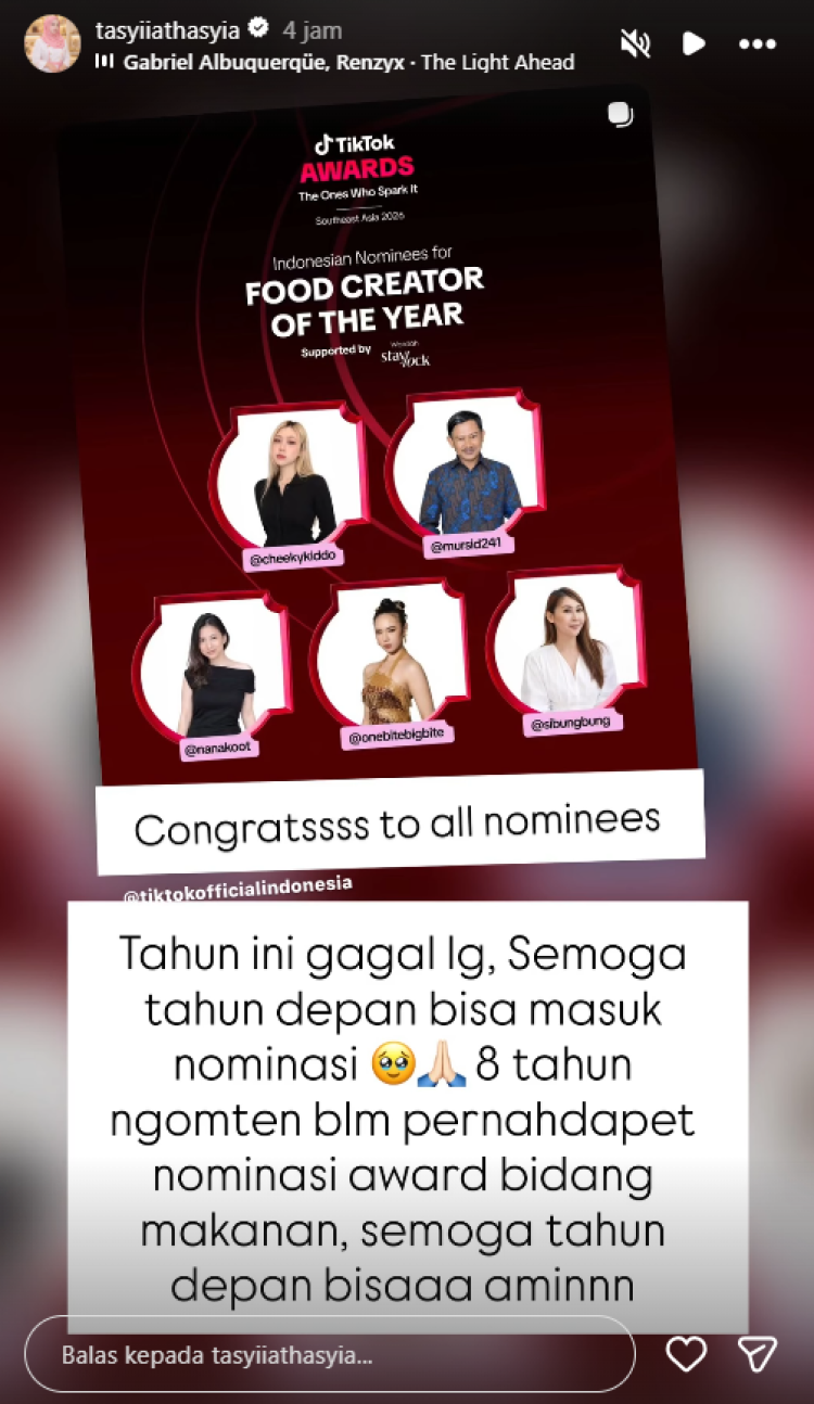 Tasyi Athasyia TikTok Awards 2026 Curhatan Tasyi Athasyia gagal masuk nominasi TikTok Awards 2026. Foto: Dok. Instagram @tasyiiathasyia