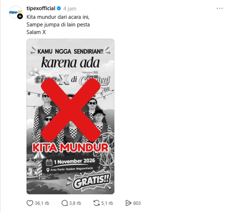 Tipe-X mengumumkan mundur dari Rans Carnival Yogyakarta. Foto: Dok. tangkapan layar Threads