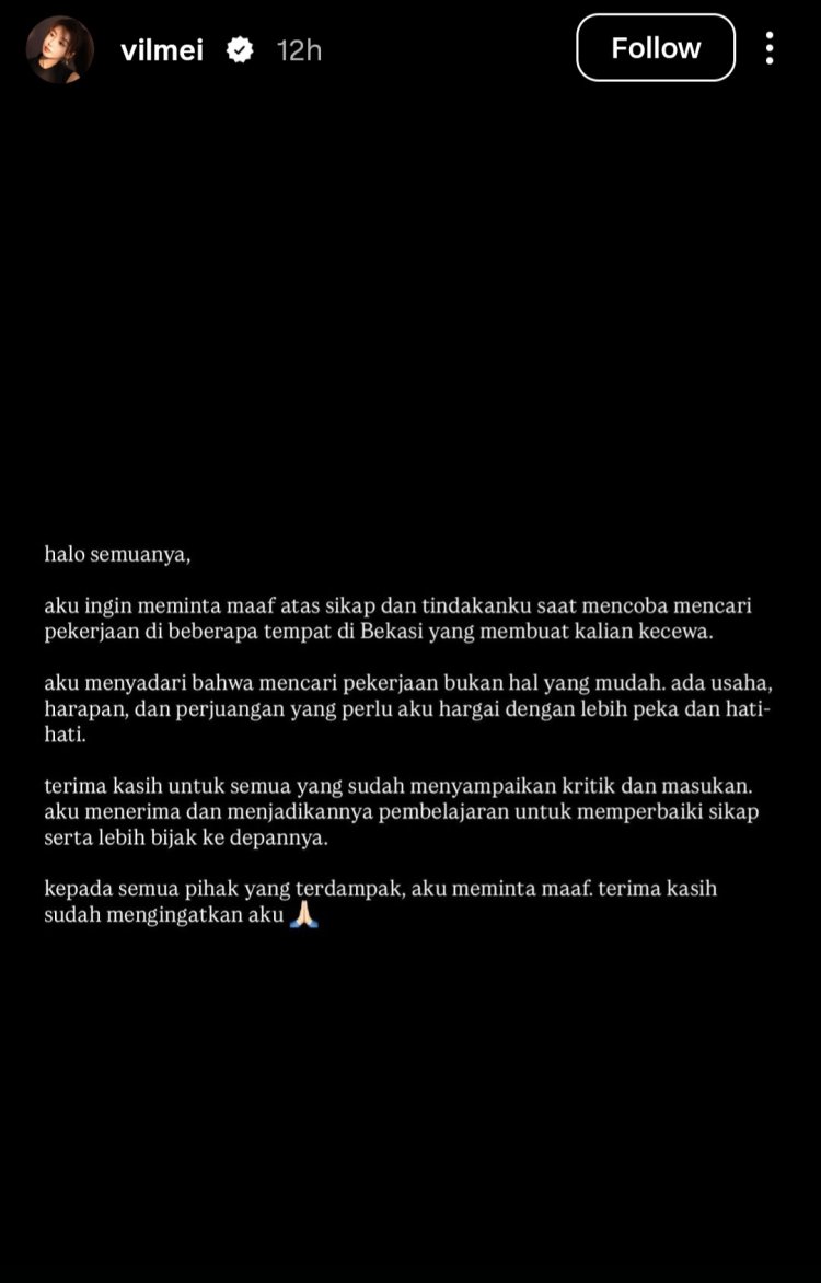 Vilmei meminta maaf atas konten mencari pekerjaan. Foto: Dok. tangkapan layar Instagram