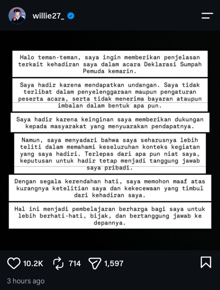 Permintaan maaf Willie Salim. Foto: Dok. tangkapan layar Instagram